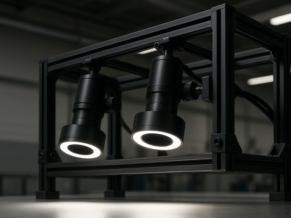 Industrial machine vision camera rig mounted above a production inspection station